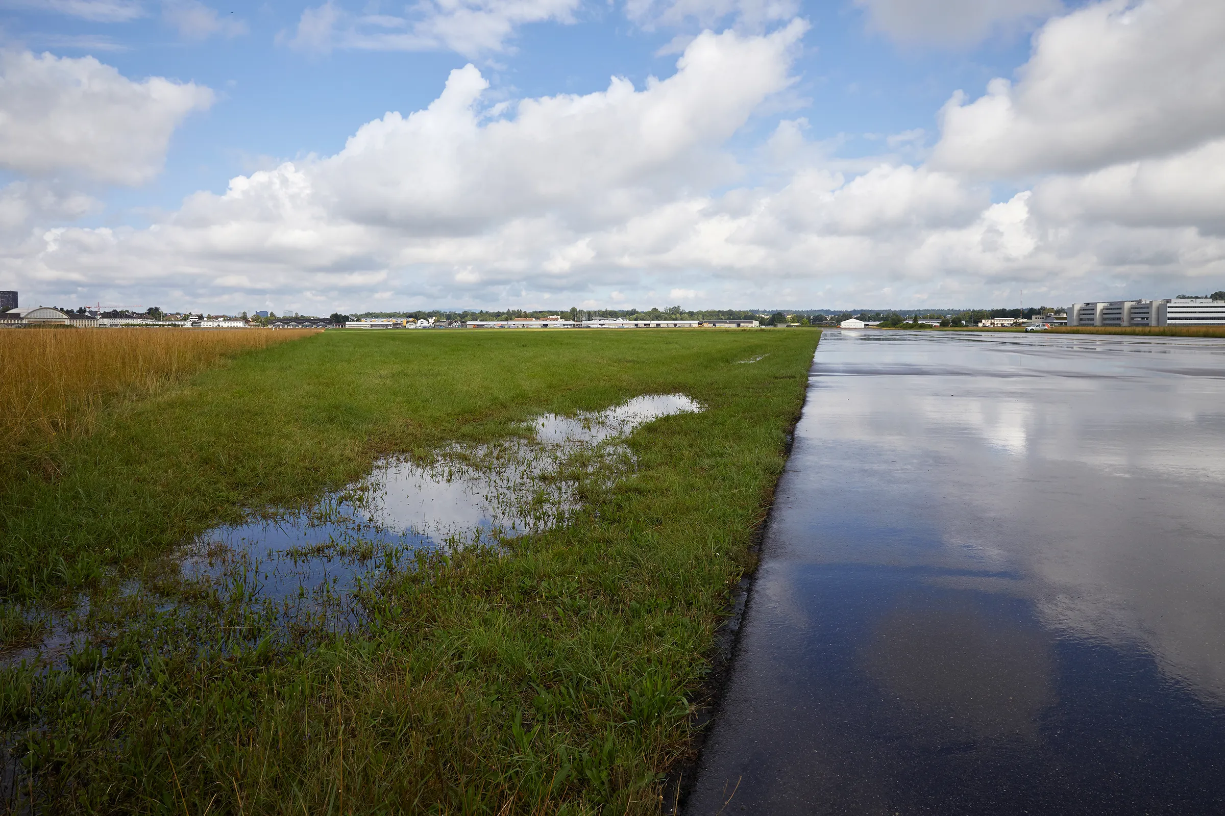 Blick entlang Rollweg und Flugfeldpark in Richtung Hangars. Foto: Giuseppe Micciche