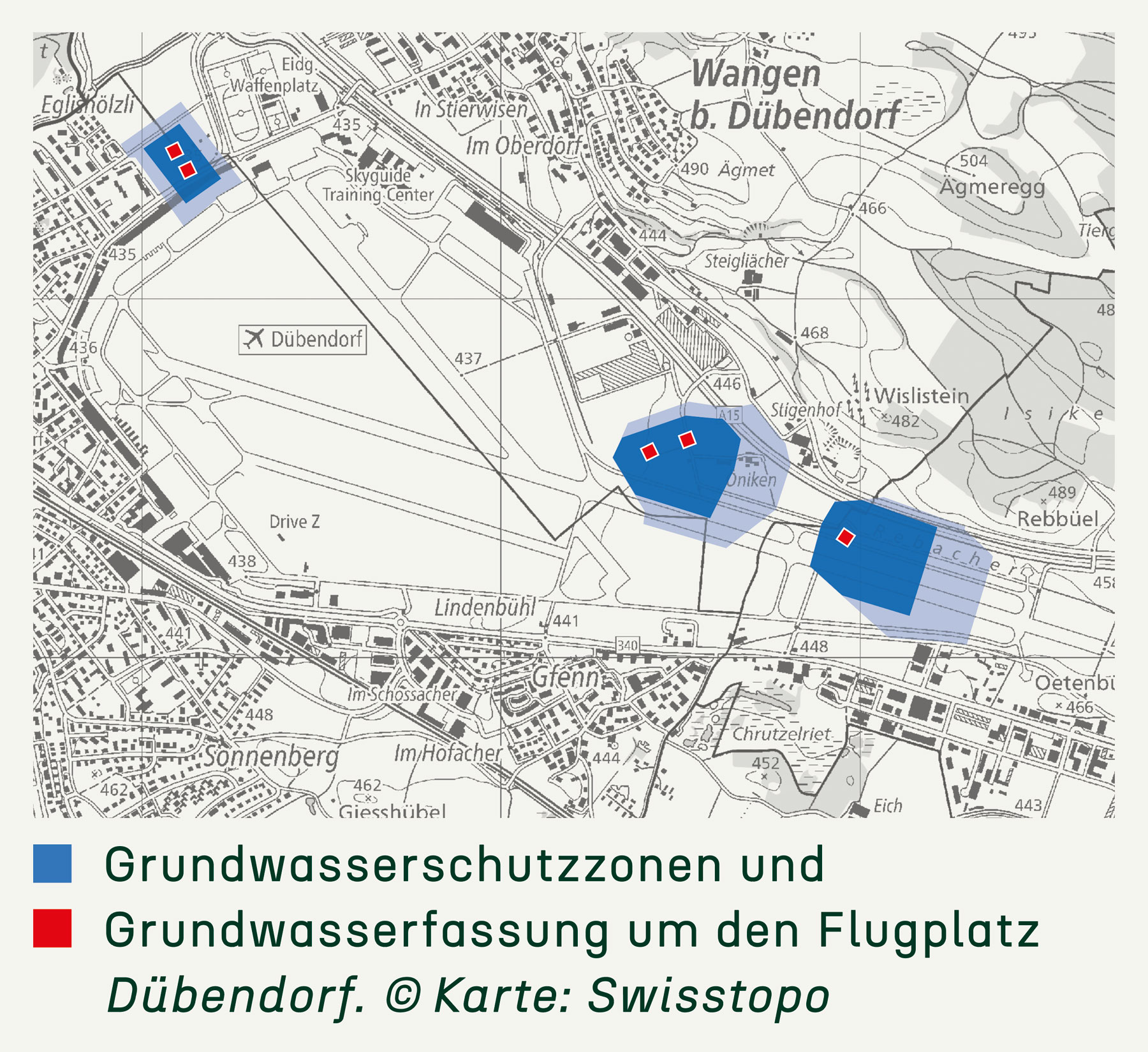 Grundwasserschutzzonen und Grundwasserfassung um den Flugplatz Dübendorf