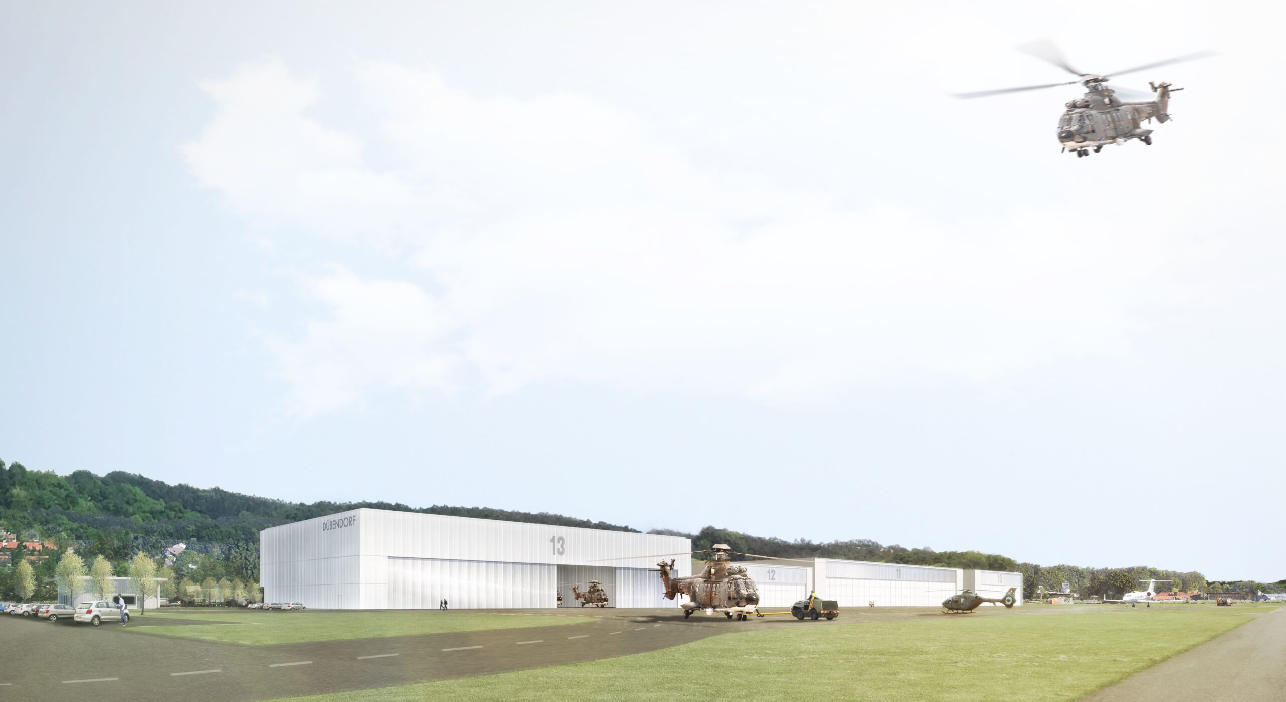 Konzentration auf eine Bundesbasis auf dem Militärflugplatz Dübendorf, Visualisierung mit Super-Puma. © VBS/DDPS
